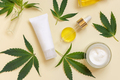Pipette and cream tube near green cannabis leaves top view on beige, CBD cosmetics - PhotoDune Item for Sale