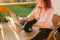 Woman working with laptop outdoor in summer terrace with black kitten. Girl and cat watching video - PhotoDune Item for Sale