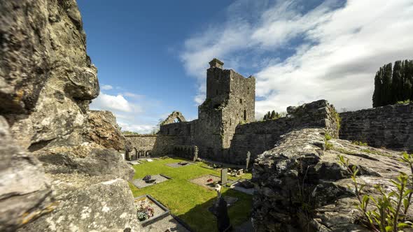 Motion time lapse of Creevelea Abbey medieval ruin in county Leitrim in Ireland as a historical sigh