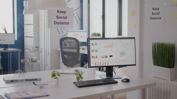 Modern Empty Office Interior with Plastic Separators and Keep Social Distance Poster