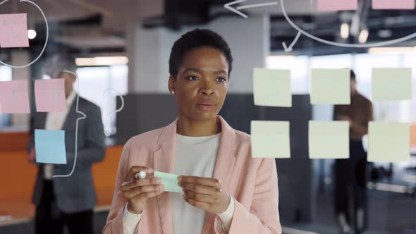 Young Business Woman Brainstorming New Project Solving Strategy on Glass Board