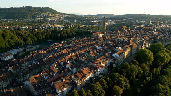 Flight Over Bern in Switzerland From Above  the Capital City Evening View