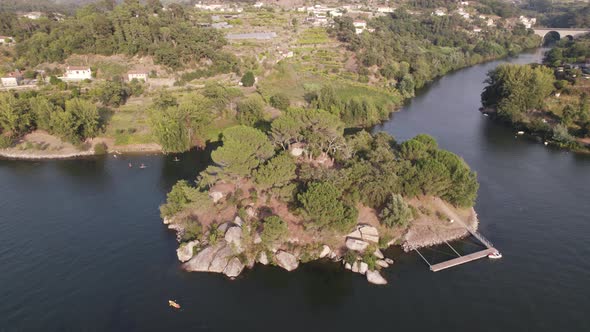 Island of Love in Castelo De Paiva, Portugal, aerial drone orbit view