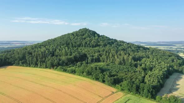 Aerial view of Ostrzyca Proboszczowska - extinct volcano in Poland