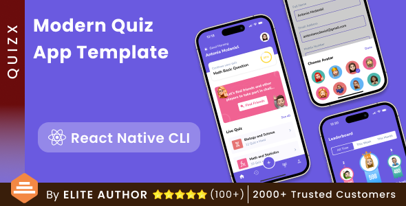 Modern Quiz Solo App + Multiplayer quiz app + 1vs1 quiz App Template | React Native CLI | QuizX