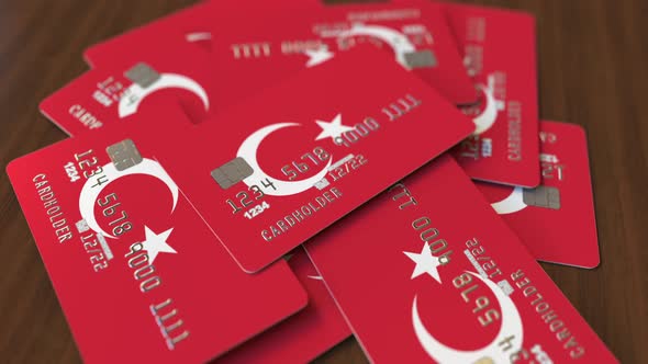 Pile of Credit Cards with Flag of Turkey