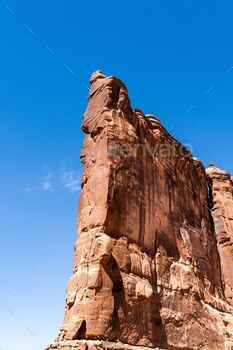 Tower of Babel under blue bright sky in Arches National Park