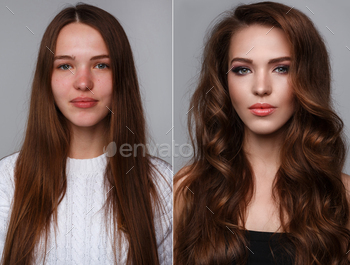 Female face with comparison after makeup and retouch.