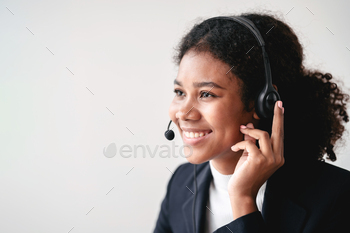 Female call center provides information to a customer calling for help, Contact us