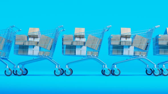 Animation of the line of carts full of packages.Concept of shopping and shipping