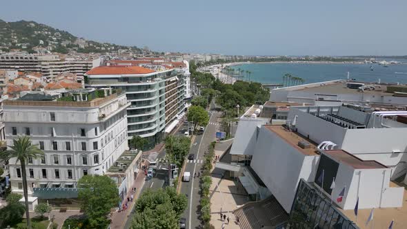 Flight over Promenade de la Croisette, a prominent road in Cannes, France