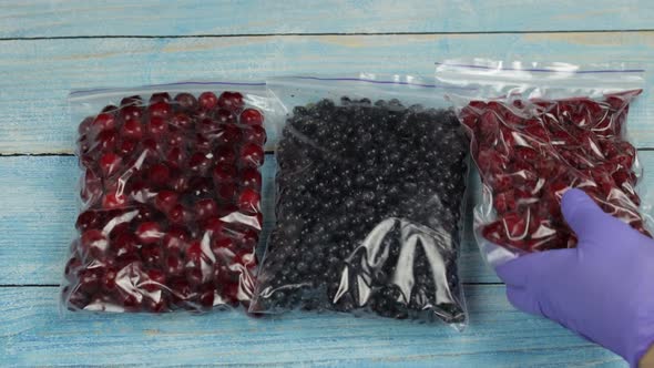 Packages with Blueberry, Cherry, Raspberry in Zipper Plastic Bags for Freezing. Frozen Berries Food