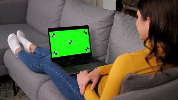Green Screen Laptop Smiling Woman Watching Comedy Movie or TV Series Laughs