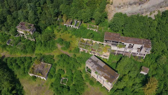 Ruined Lost Overgrown Mining Ghost Town Akarmara Consequences of War in Abkhazia Aerial View From