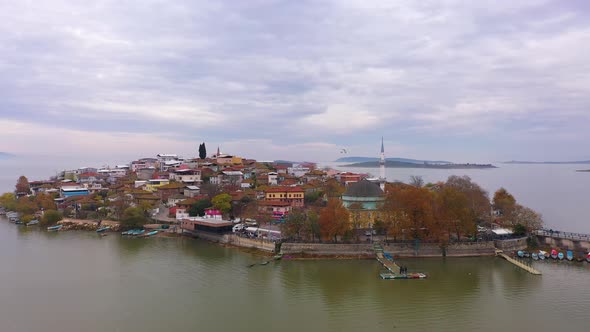 An Aerial View of Golyazi Merkez a Fishermen's Town By the Lake and the Magnificent Waters of the