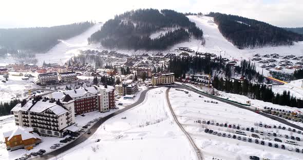 Aerial View of the Ski Resort in Mountains at Winter