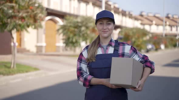 Smiling Female Delivery Courier Posing on Camera