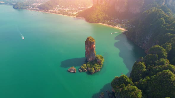 An aerial view from a drone over the bay, tropical seas and beautiful scenery