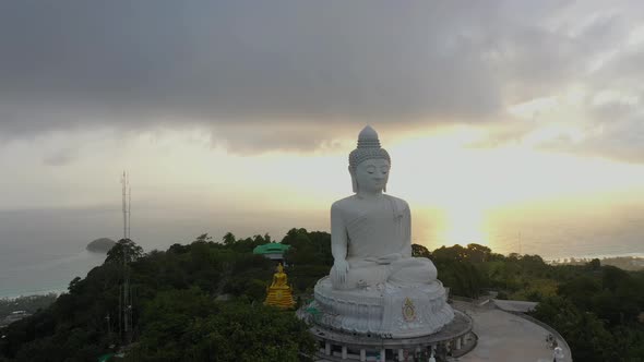 Aerial View Phuket Big Buddha In Raining Sunset