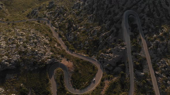 Aerial view of Road to Sa Calobra Beach betwen Tramuntana Mountain in Mallorca, Spain