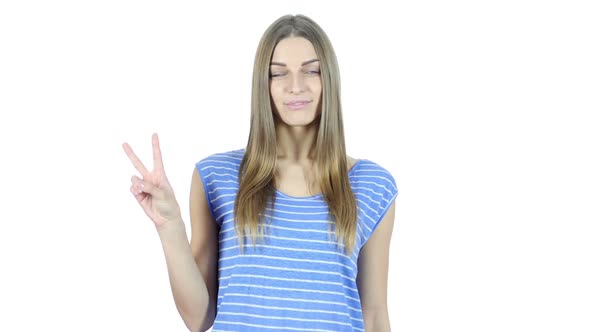 Girl Showing Victory Sign, White Background