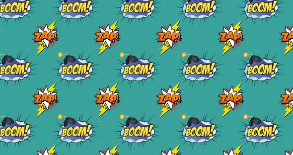 Multiple cartoon bubble with BOOM and ZAP written on a green background alt