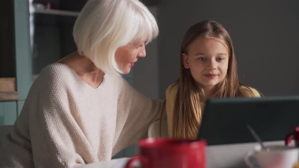 Positive girl with grandmother talking by video call on the tablet