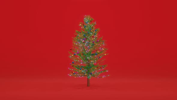 4K 3D animation. Christmas tree on red background. Colorful toy balls, glowing decoration, garland