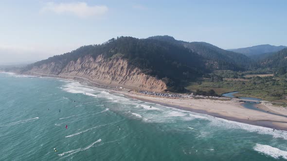 Aerial Drone Shot of a Beach Kiteboarders and Windsurfers (Waddell Beach, Pacific Coast Highway, CA)