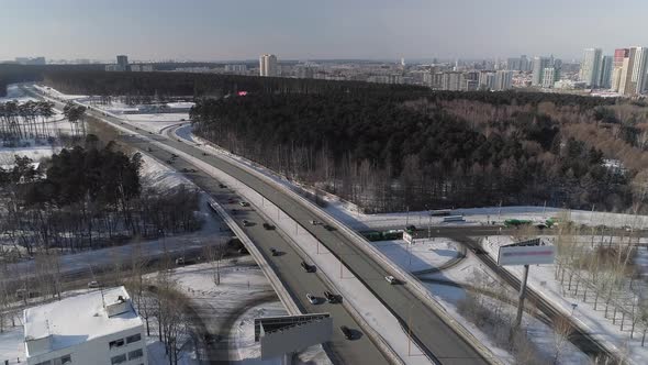 Aerial view of Transport interchange with car traffic in winter city 02