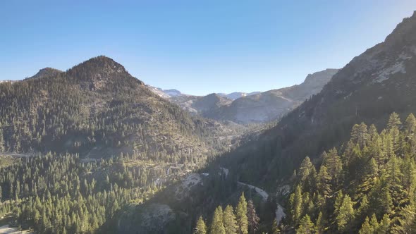 Drone flying in Emerald Bay flying towards Eagle Falls and Desolation wilderness, Tahoe California