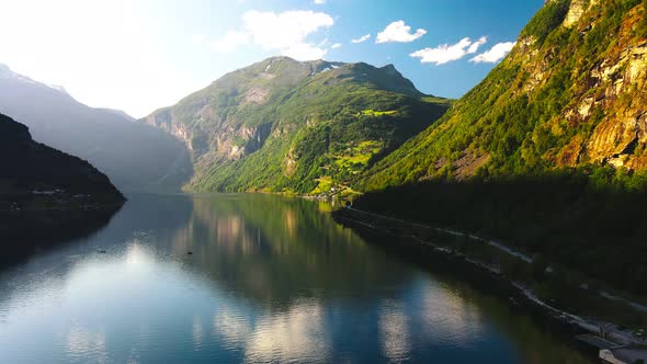 Panoramic drone landscape of Geiranger fjords, Geirangerfjord, Norway