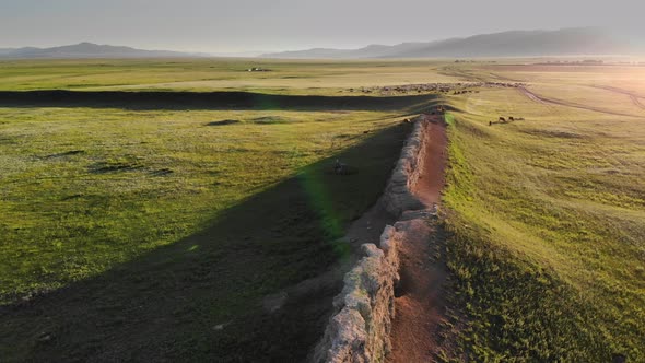 Ruins of Ancient City, Building and Wall From Ancient Times in Treeless Vast Plain of Mongolia