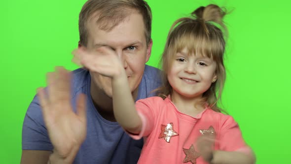 Father and Little Daughter Bloggers Talking To Camera. Chroma Key. Fathers Day