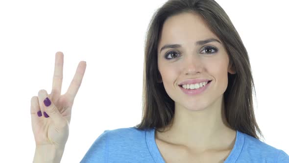 Woman Showing Victory Sign, White Background