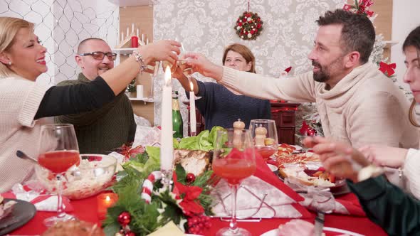 Woman Making a Toast and Clinking a Glass of Champagne with Her Big Family