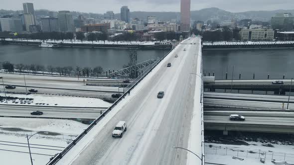 Burnside Bridge Covered in Snow During Winter in Portland Oregon