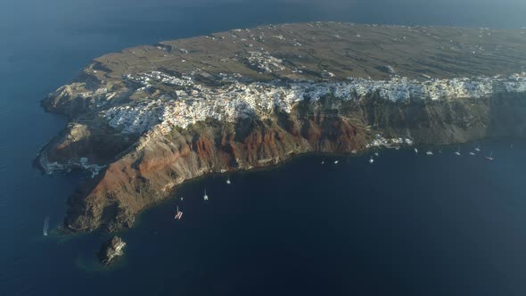 Aerial View Flying Over City of Oia on Santorini Greece