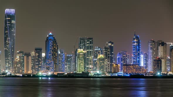 Dubai Marina Skyline Night Timelapse As Seen From Palm Jumeirah in Dubai UAE