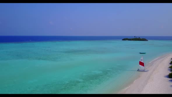 Aerial seascape of relaxing island beach wildlife by turquoise lagoon and white sand background of a