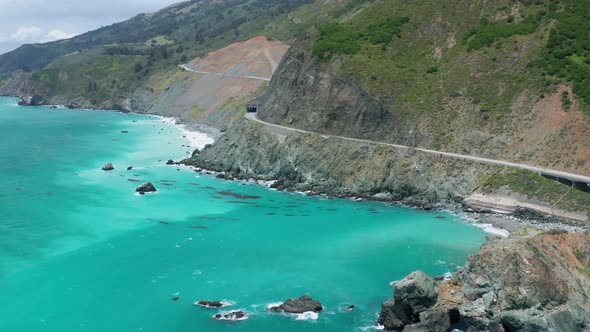 Californian Coast Nature with the Amazing Turquois Color Ocean.  Aerial