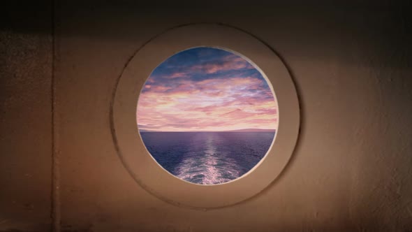 Porthole View From Back Of Ship At Sunset