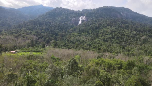 Cinematic view of Forest, Jelawang Waterfall and Mount Stong