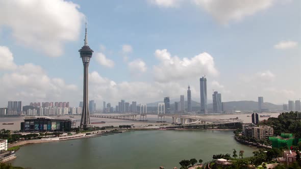 Chinese Ponte De Sai Van Bridge Near Macau Tower Timelapse