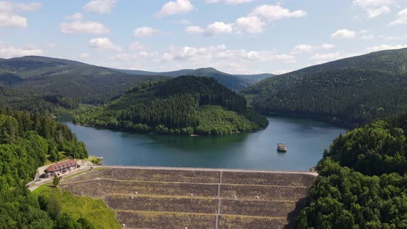 Aerial view of a water reservoir in the village of Turcek in Slovakia