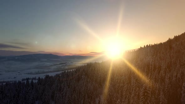 Aerial View of Sunrise Over Carpathian Mountains in Winter, New Winter Day Is Coming, Flight Over