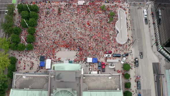 Drone overhead view of a Cancel Canada Day Protest in Vancouver BC. Native people and allies gather