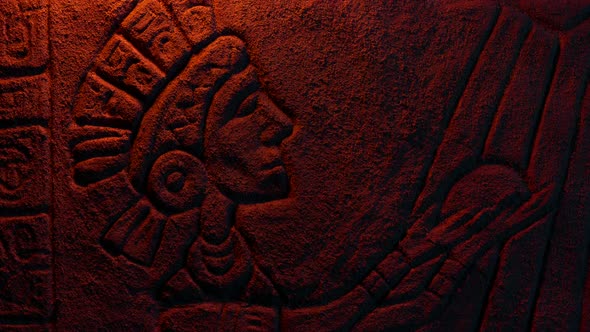 Aztec King In Sun Rays Carving In Firelight