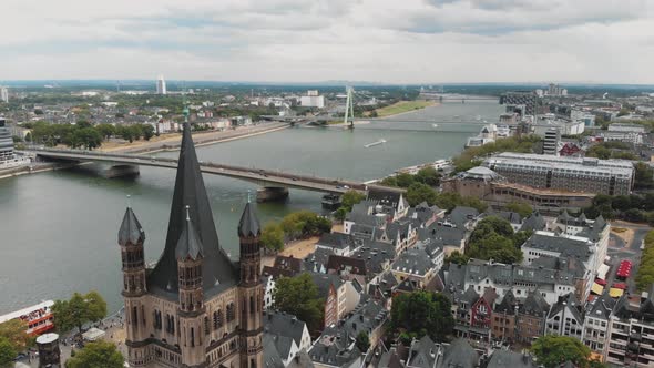 4k footage flying over the historical Great Saint Martin Church in Cologne, Germany