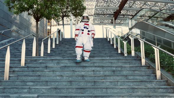 Spaceman exploring a futuristic city